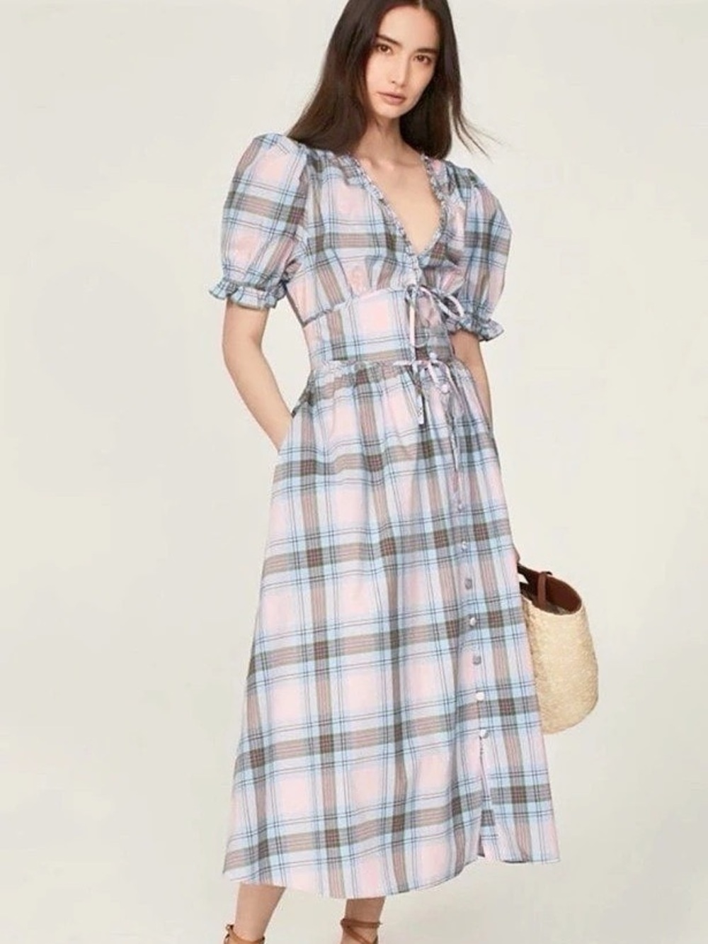 Hill House Plaid Puff Sleeve Maxi Dress in Pink & Blue Like New